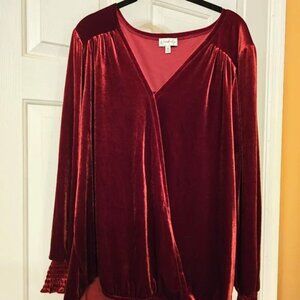 Wine Red Velvet Wrap Blouse by Wonderly – Size L Ships in 1 day.